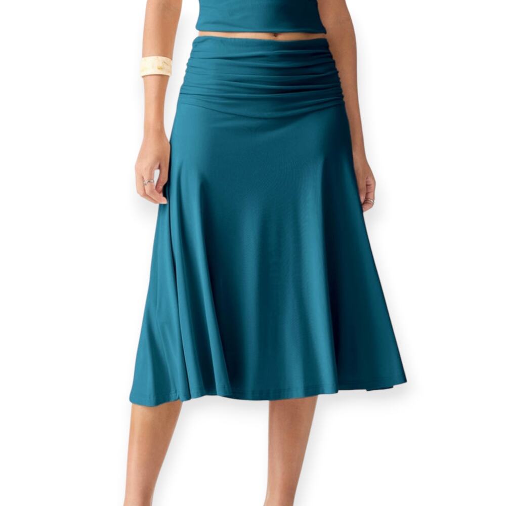 NWT OGL Eco Skin Kiss Flowy Side Ruched A-line Midi Skirt Size XS Marine Blue